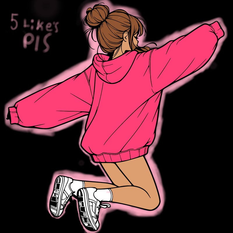 realistic girl jumping with a bun and oversized sweatshirt