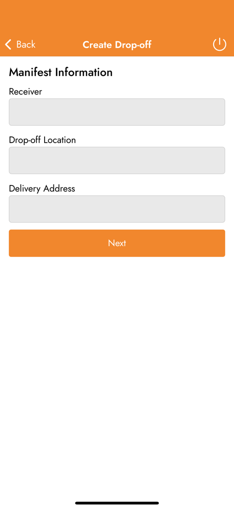 GUO Logistics - GUO Logistics app screen showing the manifest information form for creating a new drop-off