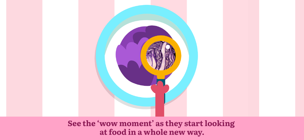 Teach Your Monster Eating - A magnifying glass inspecting a piece of purple cabbage on a plate with an educational message about kids exploring food