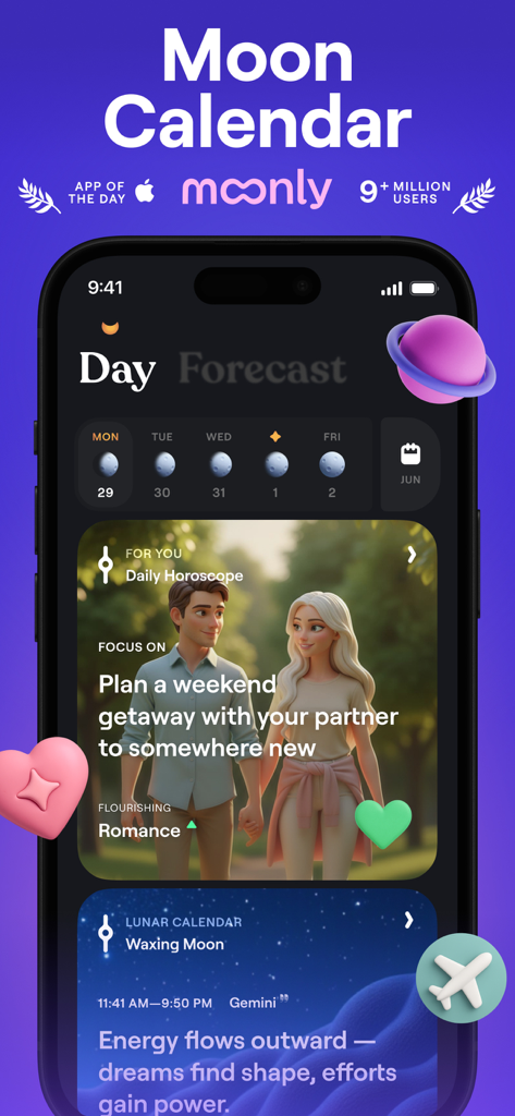 Moonly app interface displaying a lunar calendar and a personalized daily horoscope