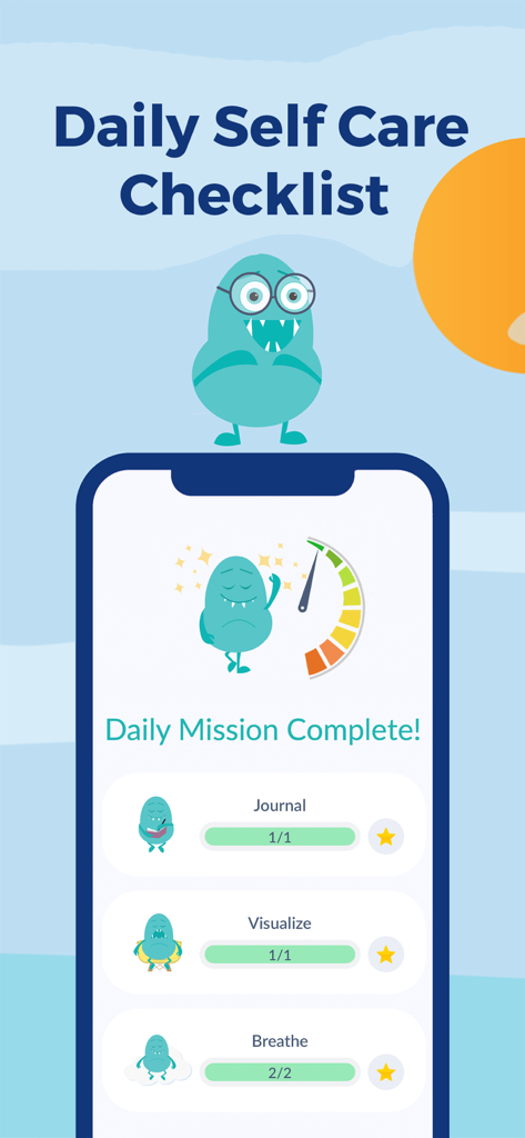 Rootd app interface showing a completed daily self care checklist with progress bars for journal visualize and breathe exercises