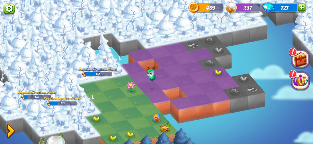 Wonder Merge - A screenshot of Wonder Merge gameplay showing a creature on a magical island with snowy trees and green grass