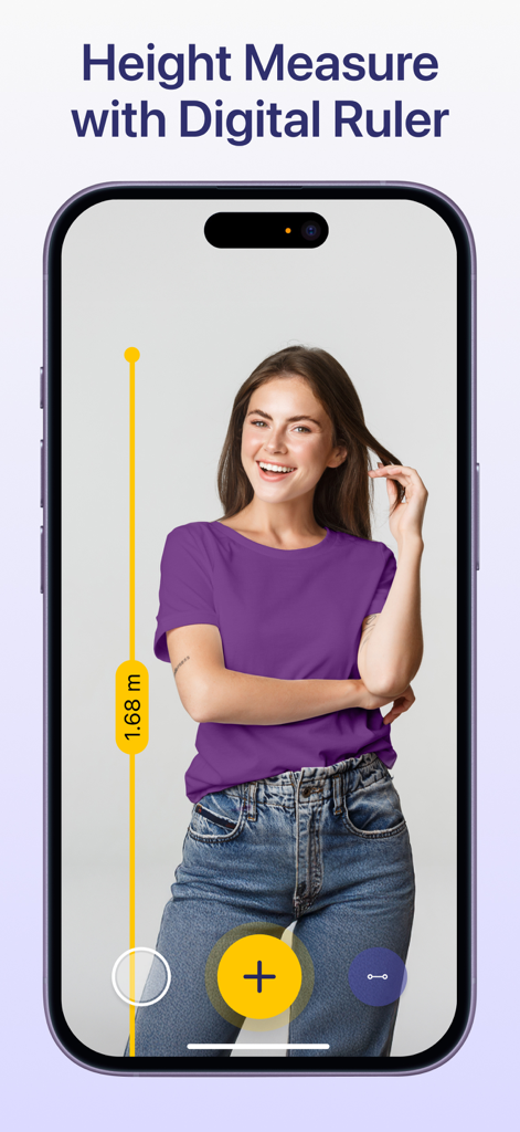 Ruler: Measure, Measuring Tape - iPhoneにARルーラーアプリが表示され、拡張現実技術を使用して女性の身長を測定しています