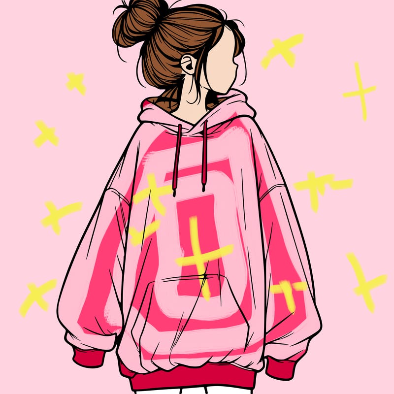 realistic girl with a oversized sweatshirt on and a bun