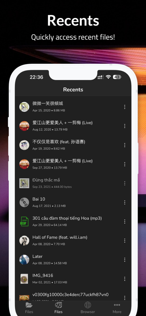A list of recently accessed files on the Recents screen of the File Manager app in dark mode