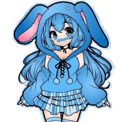 pretty anime girl wearing a fluffy hoodie with bunny ears on the hood and a skirt