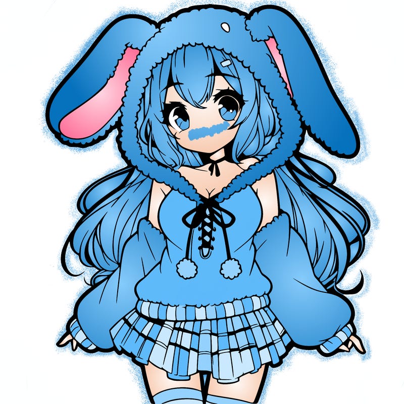pretty anime girl wearing a fluffy hoodie with bunny ears on the hood and a skirt