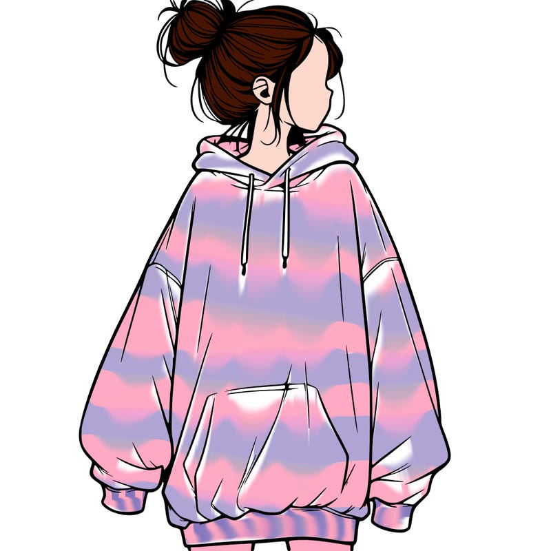 realistic girl with a oversized sweatshirt on and a bun