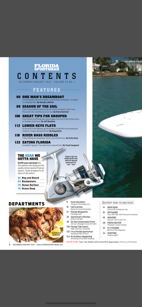 Florida Sportsman Magazine - Table of contents page of the Florida Sportsman Magazine app featuring fishing articles and gear reviews
