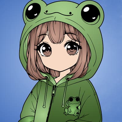 cute realistic girl in a froggy hoodie