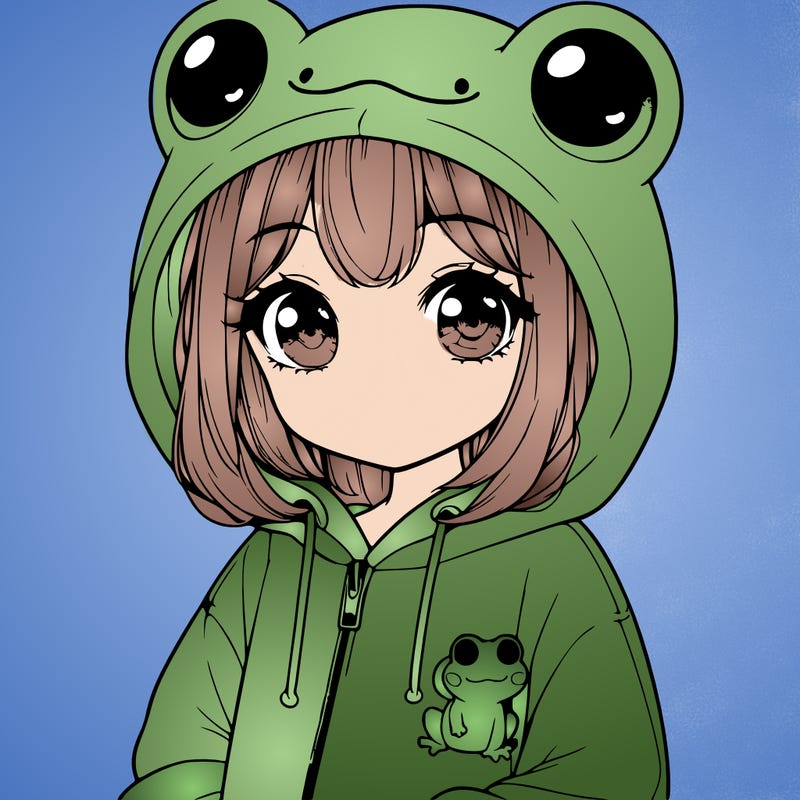 cute realistic girl in a froggy hoodie