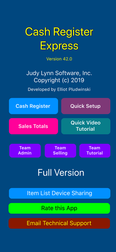 Menu principale dell'app Cash Register Express che mostra pulsanti di navigazione per le vendite del registratore di cassa e le funzioni di gestione del team.