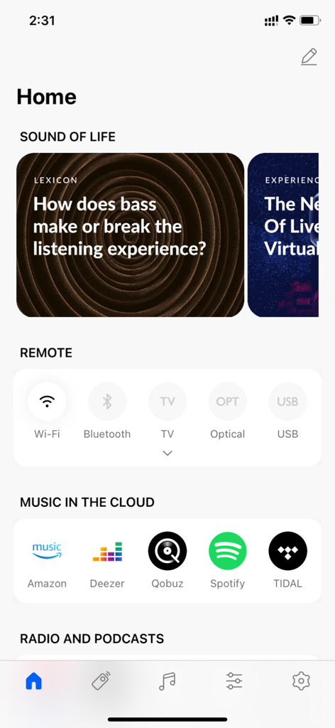 KEF Connect - Home screen of the KEF Connect app showing remote input controls and music streaming service options.