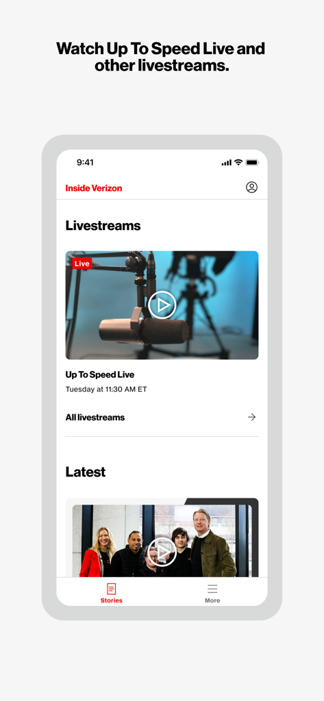 Inside Verizon - Inside Verizonモバイルアプリのインターフェイス。企業のライブストリームとニュースが表示されています。