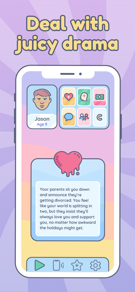 Everlife life simulator app screenshot displaying a narrative story event about family drama and divorce