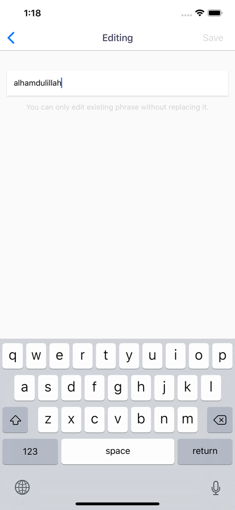 Mboard — Muslim Keyboard - Editing an Islamic phrase in the Mboard app interface