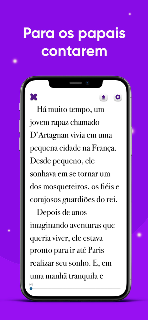 Mobile App-Oberfläche, die eine portugiesische Kindergeschichte zum Vorlesen für Eltern anzeigt