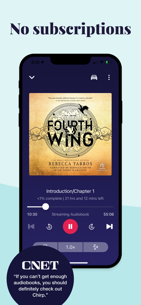 Chirp Audiobooks App Player-Oberfläche, die das Buch Fourth Wing und Wiedergabesteuerungen anzeigt.