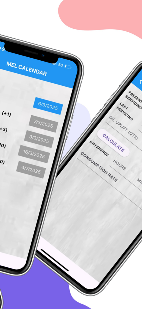 Fuel & Oil Calculator - Aviation app screenshots showing MEL calendar and oil consumption calculator screens