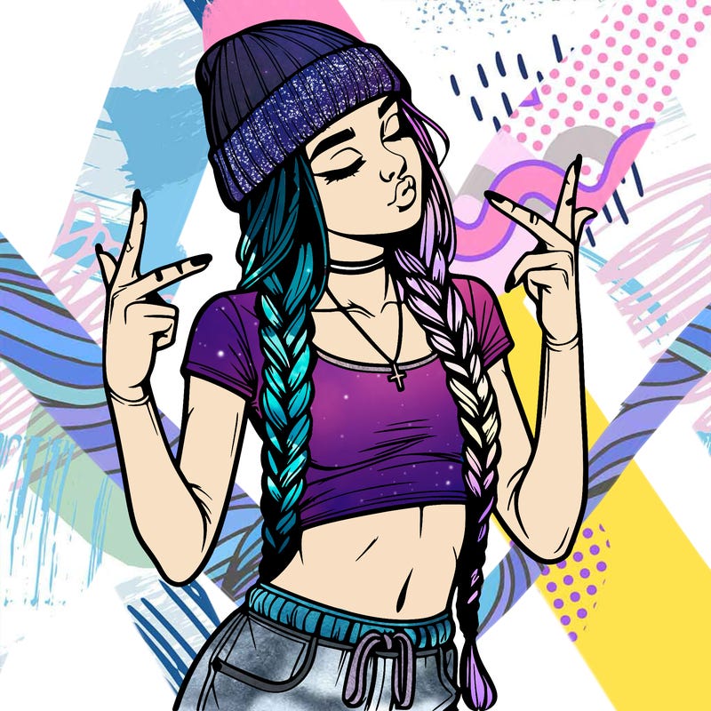 realistic teenage girl with braids and a beanie and crop top doing 🫶🏼