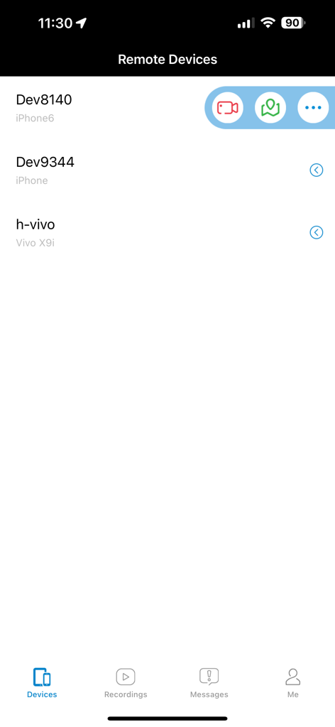 TrackView - Find My Phone - TrackView App-Oberfläche, die eine Liste verbundener Fern-Geräte zeigt, darunter ein iPhone und ein Vivo-Handy zur Überwachung und Ortung.