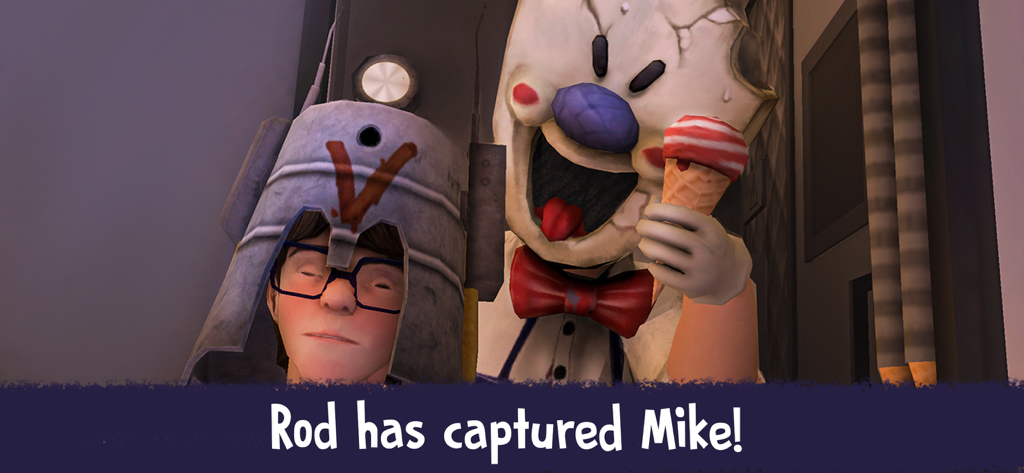 Ice Scream 3 - El malvado heladero Rod sosteniendo un cono de helado junto a Mike capturado.