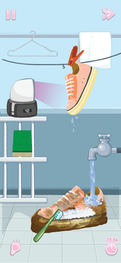 Limpiando una zapatilla rosa sucia con un cepillo de dientes y agua en un juego ASMR acogedor