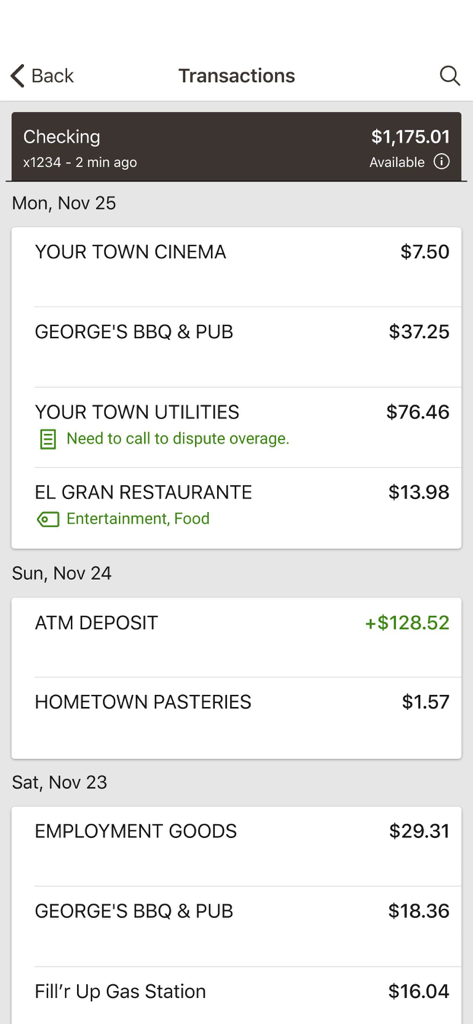 Checking account transaction history screen in the TruStone Mobile app showing recent purchases and available balance
