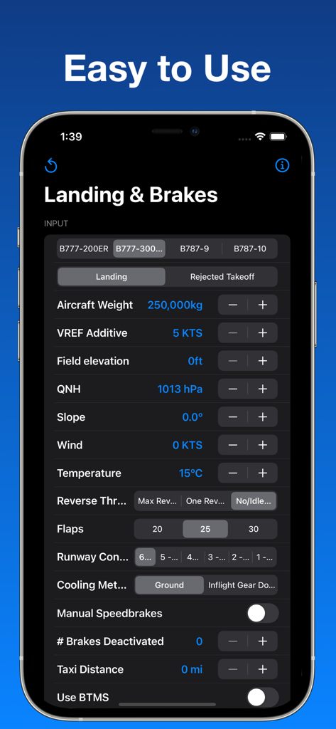 B777/787 Landing & Brake Tool - Boeing 777 and 787 aircraft landing and brake input data interface