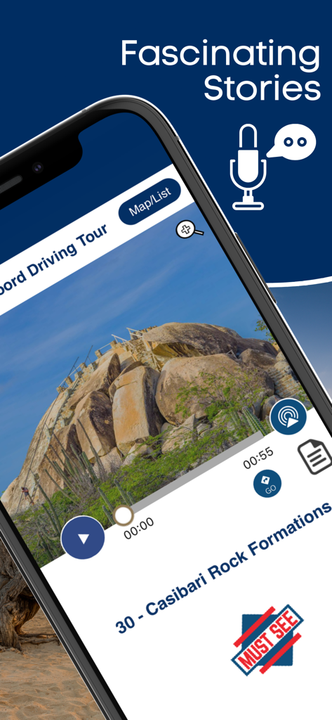 Aruba Self-Guided Island Tours - App interface for Aruba self-guided tour showing the Casibari Rock Formations and narrated audio stories.
