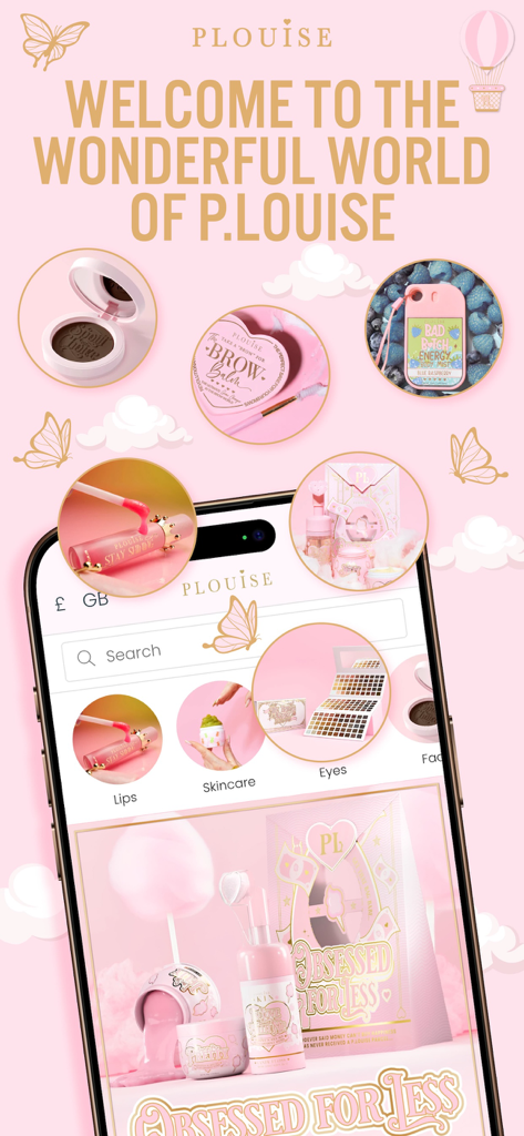 P Louise Cosmetics - Welcome screen of the P. Louise Cosmetics app showing makeup products and categories with a pink maximalist aesthetic.