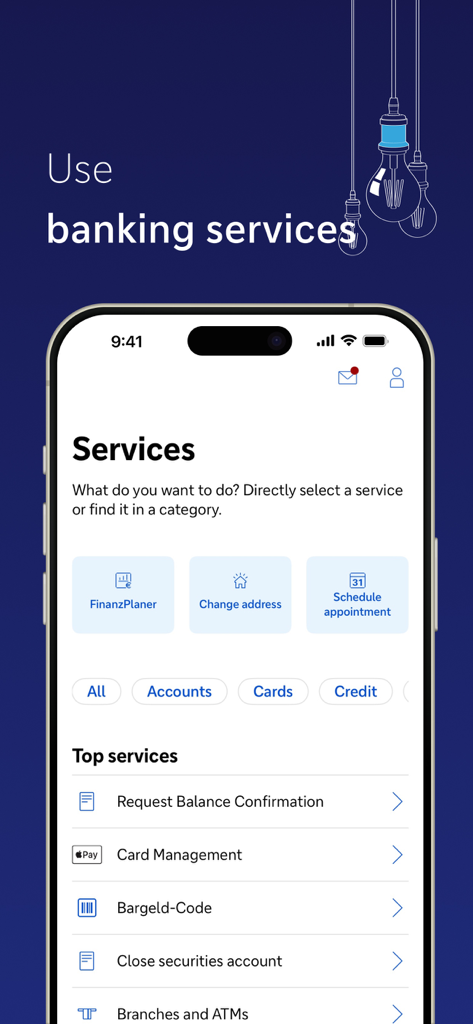 Ein Screenshot des Servicemenüs der Deutsche Bank App mit Optionen für Finanzplanung und Kontoverwaltung
