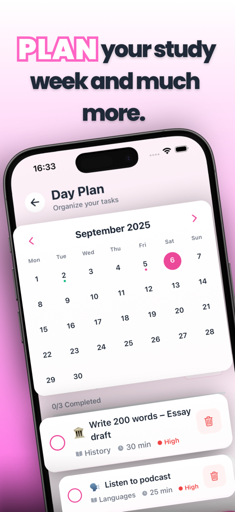 Lilo app Day Plan interface showing a monthly calendar and a list of study tasks
