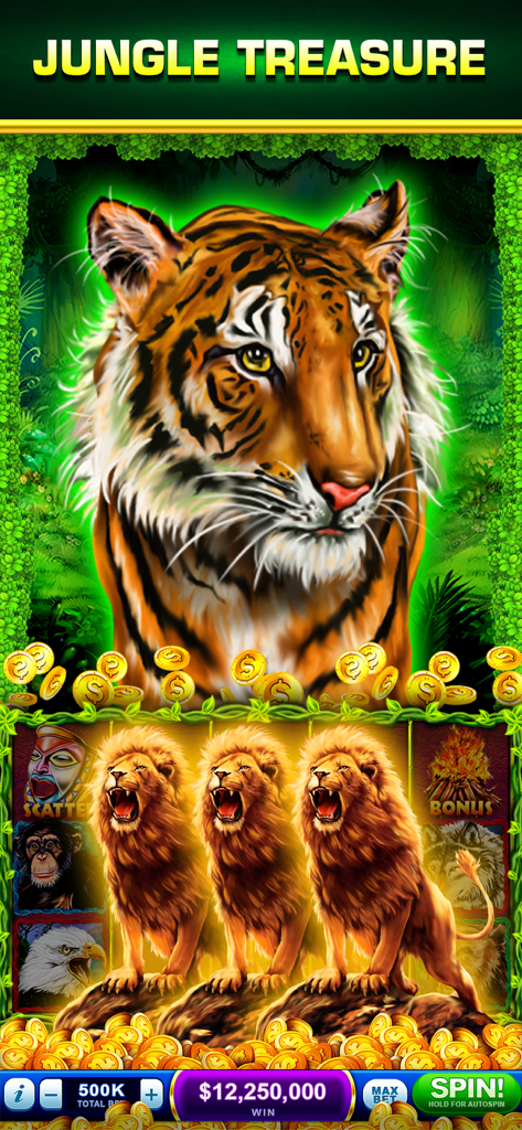 トラと3つのライオンのスロットシンボルを特徴とするジャングルトレジャーテーマ