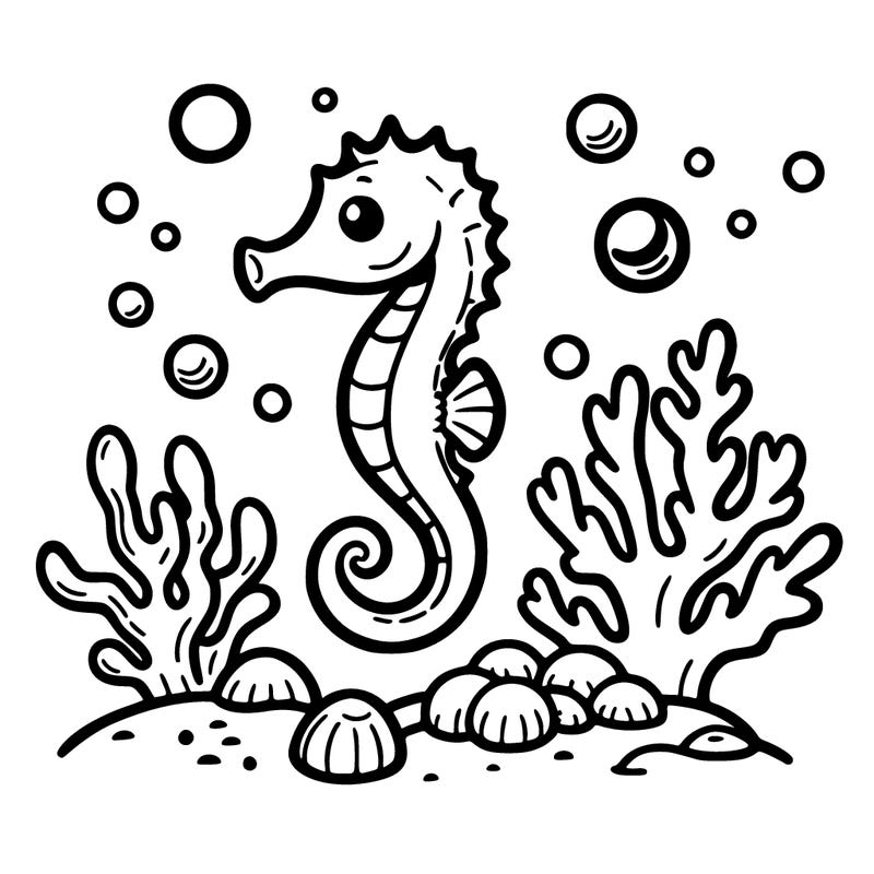 a seahorse near some coral with some bubbles