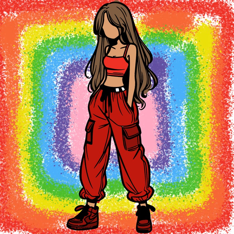 girl in baggy pants crop top and long hair