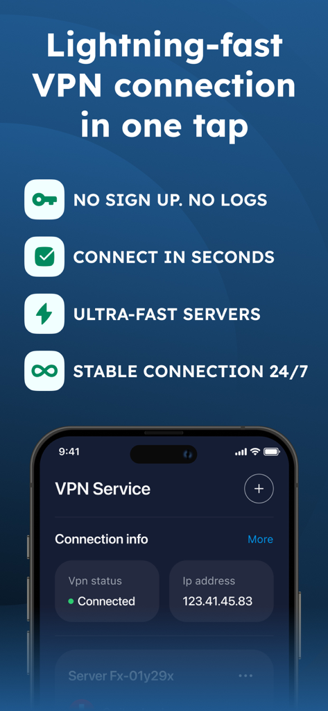 Anti-Hacker VPN Pro - Anti Hacker VPN Pro interface showing fast connection features and no logs policy