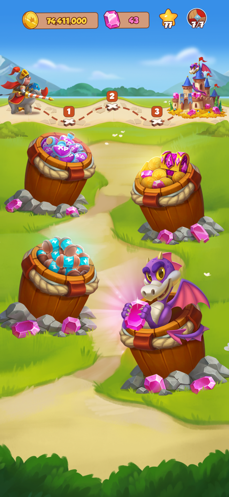 Coin Master - Écran de jeu Coin Master montrant des tonneaux de récompenses remplis de pièces, d'énergie et de gemmes