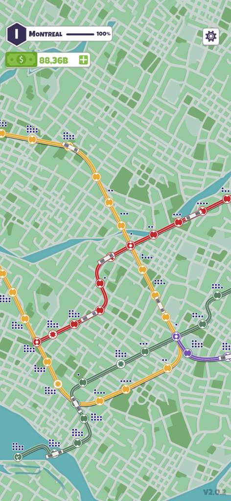 Subway Connect: Idle Metro Map - Draufsicht auf farbenfrohe U-Bahn-Linien und Züge auf einer minimalistischen Stadtkarte von Montreal in Subway Connect