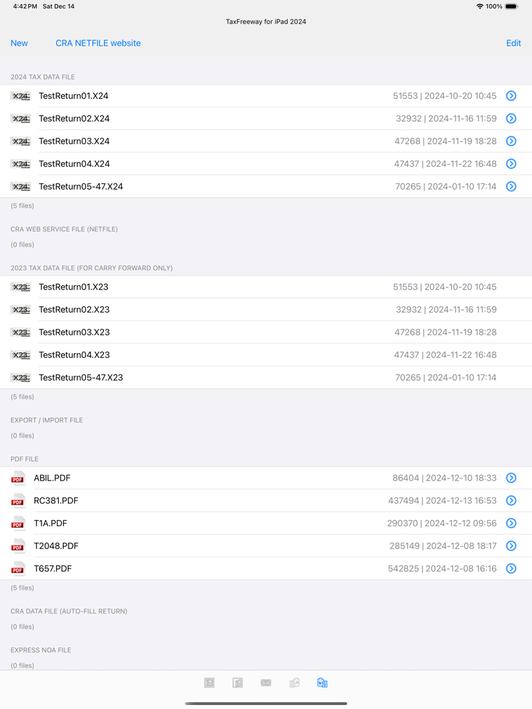 TaxFreeway 24 - TaxFreeway 24 file manager displaying various tax data files and PDF documents on an iPad screen