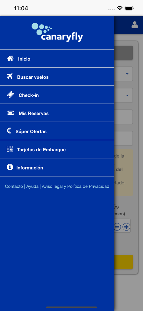 Canaryfly - Menú de navegación lateral de la app Canaryfly mostrando opciones para búsqueda de vuelos, check-in móvil y tarjetas de embarque.