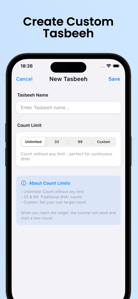 Interface for creating a custom tasbeeh with options for unlimited or specific count limits in the Digital Tasbeeh Counter app.