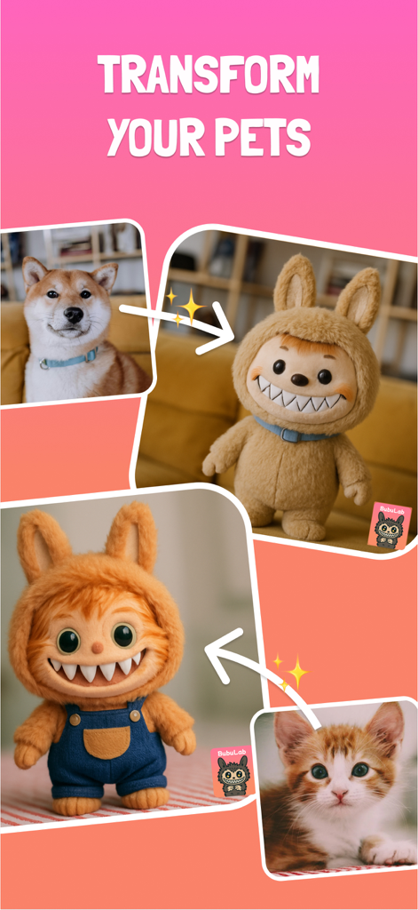 BubuLab: AI Bubu Generator - BubuLab app interface demonstrating pet photo transformation into adorable AI plush toy characters