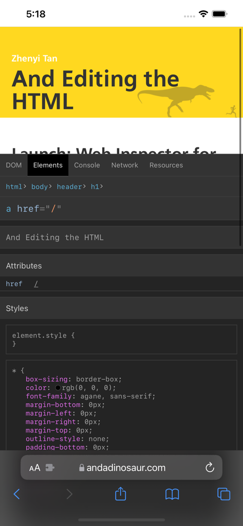 Outil d'inspection web mobile montrant le code HTML et CSS sur un écran d'iPhone