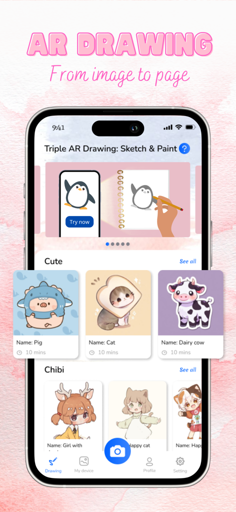 AR Drawing app screen with cute and chibi character templates for sketching