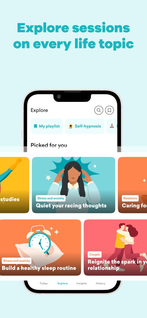 MindDay: Mental Health, Stress - Interfaz de la aplicación MindDay que muestra sesiones de autoterapia para alivio del estrés, salud del sueño y apoyo a las relaciones