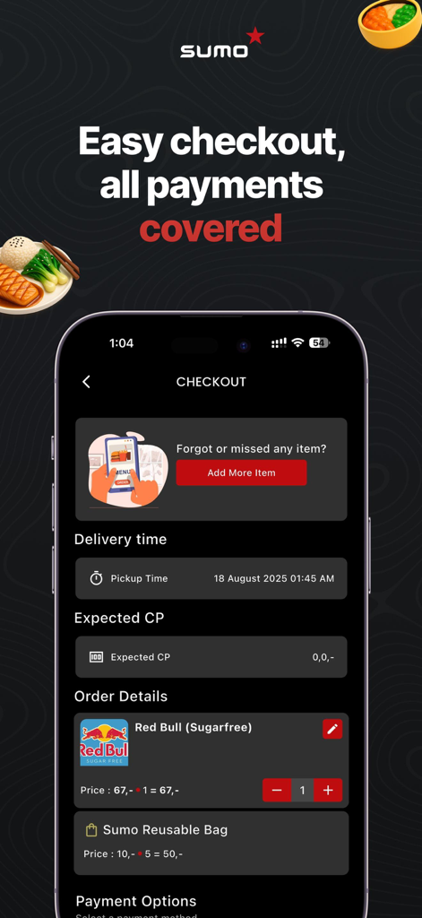 Sumo Restaurants - Sumo Restaurants App-Oberfläche, die die Checkout-Seite mit Bestelldetails und Abholzeit anzeigt.