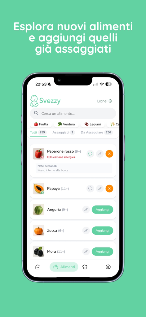 Svezzy - Svezzy app interface showing a list of foods for baby weaning with allergy tracking and age recommendations