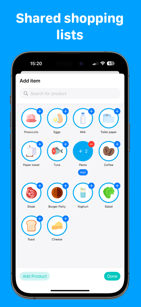 Freshy • Groceries Tracker - Freshy app interface for adding common grocery items to a shared shopping list