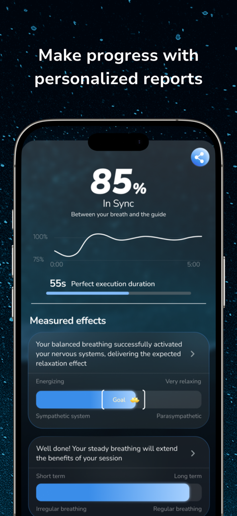 Zenbox: breathing - Zenbox app screen displaying a personalized breathing report with sync rate data and nervous system impact analysis
